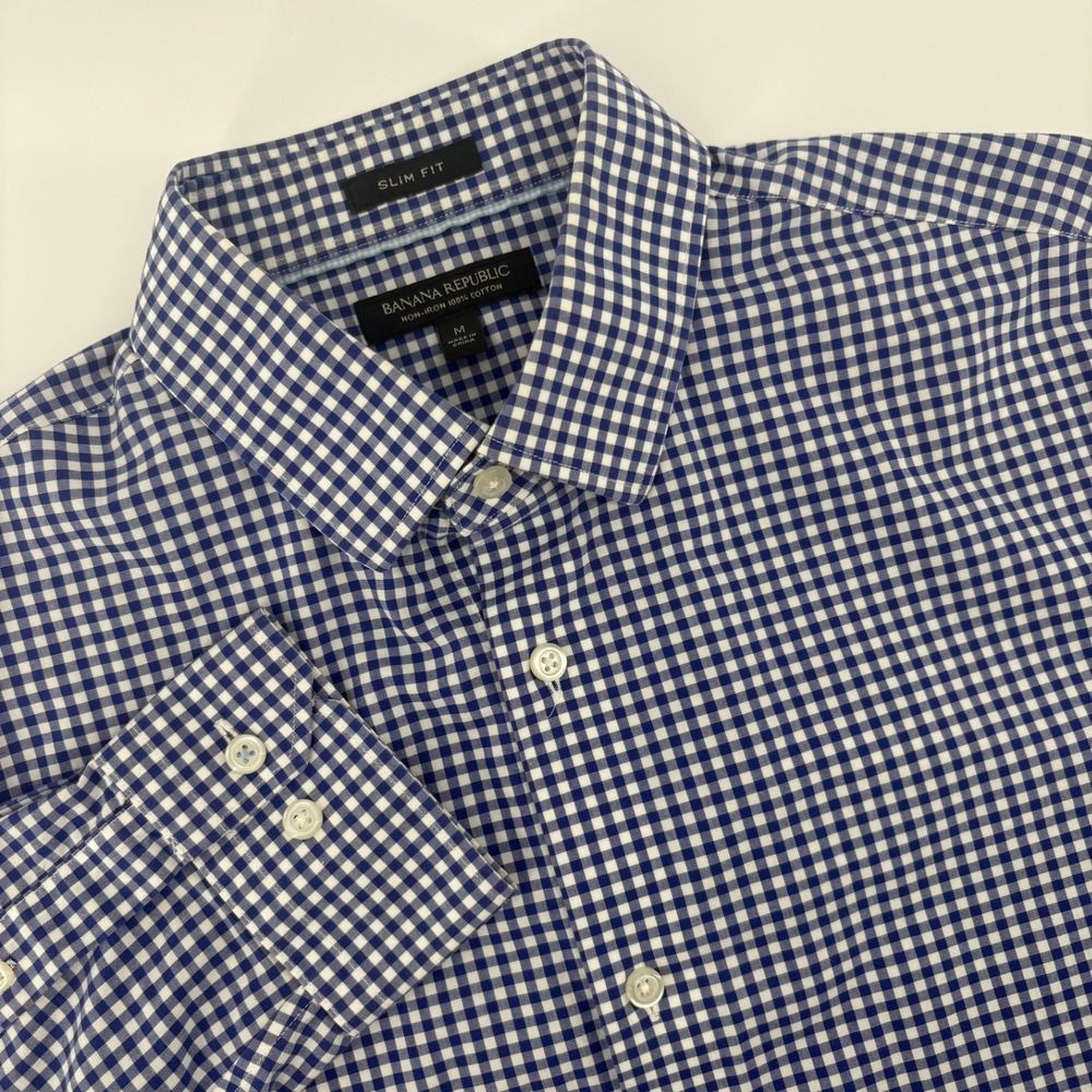 Banana Republic Mens Slim Fit Non-Iron Gingham Button Up Shirt Blue White Size M